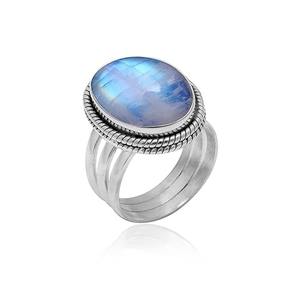 แหวนออกแบบสีเงินสเตอร์ลิงทำด้วยมือ925อย่างดีที่สุดพร้อมสแตมป์925มูนสโตนไฟสีฟ้าธรรมชาติสำหรับงานแต่งงาน - Product Image 1