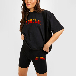 Ensemble t-shirt et short d'été respirant 2 pièces pour femmes 100% coton ensemble en coton imprimé personnalisé pour femmes - Product Image 6