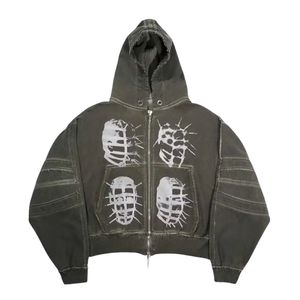 Pull à capuche zippé délavé à l'acide de style vintage Hommes Automne Léger 100% Coton Streetwear Impression en relief Design - Product Image 4