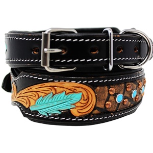 100% Genuine Cow Leather Soft <b>Padded</b> Eco Friendly Dog Collar With Leaves Hand Tooled Design & Stud Dog Uses Low Prices - Product Image 1