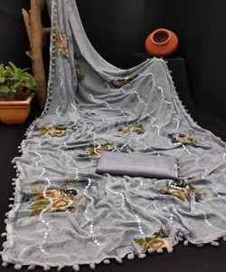 Sarees soie fête porter dernier concepteur femmes porter Sari Satin crêpe soie tissus doux imprimer indien avec Blouse japon adultes 500 ApparelGarment - Product Image 5