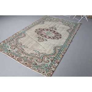 Vintage 4.6x7.9 ft Rug, Area Turkish Rug, <b>Brown</b> Green Floral <b>Wool</b> Rug - Product Image 3