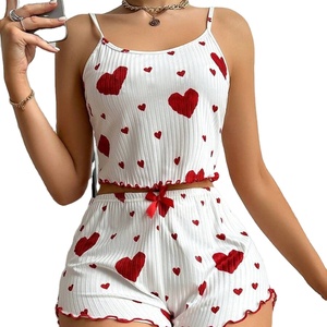 Damen Pyjama-Set mit Herzmuster: Bedrucktes Camisole-Top + Shorts, 2-teiliges Nachtwäsche-Set, Lässige Mädchen-Pyjamas - Product Image 1