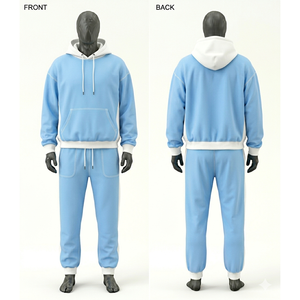 Unisex Light Blue <b>White</b> Hooded Tracksuit Set Full Length <b>Sweatshirt</b> and Joggers Solid Trackstar OEM Private Label - Product Image 1