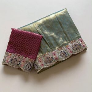 Sari en soie douce de qualité supérieure avec tissage jacquard intégré et bordure brodée de sequins, idéal pour les mariages et toutes les saisons, prix de gros - Product Image 1