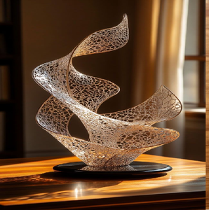 Sculpture métallique abstraite moderne en spirale argentée ajoute une touche élégante à votre décoration. Disponible à prix de gros. - Product Image 1