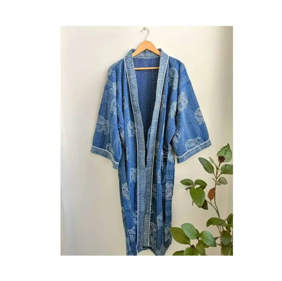 New Ấn Độ handmade kantha Quilt komono áo choàng màu xanh Kimono từ Ấn Độ xuất khẩu của Maternity Kimono Robe