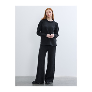 Pantalon large décontracté anti-boulochage taille haute pour femme avec détail tressé - Product Image 3