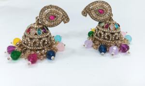 Pendientes Jhumka Vintage para Mujer, Pendientes Jhumka de Bollywood, Kundan Tradicional Indio, Chapado en Oro, Esmalte, Campanas Colgantes, Bodas - Product Image 3