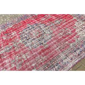 Turkish Large Rug 7.1x9.8 ft, <b>Red</b> Blue Striped Rug <b>Wool</b> - Product Image 5