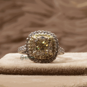 Yellow Cushion Cut Lab Grown Diamond Double Halo Prong <b>Set</b> Engagement <b>Ring</b> for <b>Women</b> - Product Image 1
