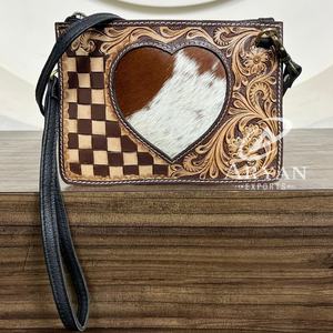 Wholesale New Hand <b>Tooled</b> <b>Leather</b> Crossbody Bags Hair On Cowhide Heart Western Checkered <b>Leather</b> Wristlet Handbags Mini Purses - Product Image 1