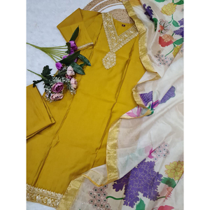 Mustard Yellow Straight <b>Kurti</b> with Hand Embroidery & Printed Dupatta Partywear Ethnic Outfit - Product Image 1