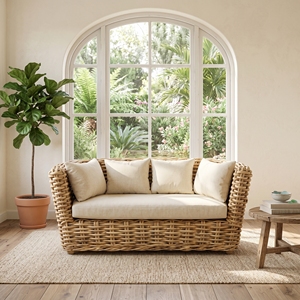 Sofá Surabaya con Estructura de Madera de Caoba, Media Superficie de Ratán Pulido, Cojines Color Crema Dhapnie, Cama de Día, Muebles de Exterior Premium para Patio - Product Image 2