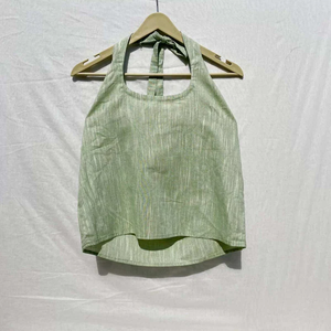 Top Verde de Algodón Khadi con Cuello Redondo y Halter, Tejido de Punto Corto, Adornado con Aberturas, Teñido Liso, para Mujer - Product Image 2