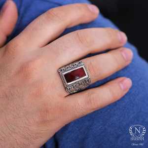 925 Sterling Silver Romantic Men's <b>Ring</b> with Red Pressed <b>Amber</b> Stone Bezel Setting Inlay and Engraving Fashionable Gift Idea - Product Image 6