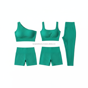 Conjunto Deportivo de 5 Piezas para Mujer, Sin Costuras, Acanalado, con Logotipo Personalizado, Ropa Deportiva de Yoga con un Solo Hombro Descubierto, Venta al Por Mayor - Product Image 1