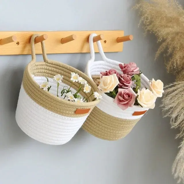 Keranjang tali katun coklat & putih Paling Menakjubkan dengan pegangan untuk penyimpanan bunga keranjang gantung Set 2 buah untuk dijual