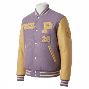Chaqueta Varsity para Hombre, Color Morado y Dorado, Letra P Bordada, Estilo Preppy Personalizado, Corte Regular, Cuello Alto, Invierno, Impermeable, Forro de Piel de Oveja - Product Image 2