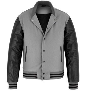 2026 OEM High Street Men's Grey Fleece With Black <b>Leather</b> Sleeves Stand Collar Low Price Heated Windproof <b>Winter</b> Varsity <b>Jackets</b> - Product Image 4