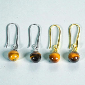 Pendientes de Plata 925 Hechos a Mano con Cuentas Redondas de Ojo de Tigre para Mujer - Product Image 1