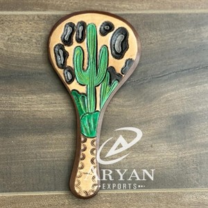 Espejo de mano elegante de cuero tallado exquisito con diseño de cactus, espejo de mano de maquillaje con estilo occidental, Regalos perfectos de diseñador Vintage - Product Image 1