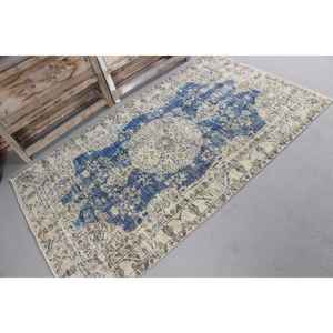 Alfombra Turca Vintage, Alfombra Extra Grande de 3.1x6.3 pies (94x193 cm), Alfombra de Lana con Rayas Azules - Product Image 4