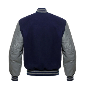 Chaqueta Bomber Universitaria con Mangas Grises y Cuerpo Azul Marino, Chaqueta Universitaria con Mangas de Cuero - Product Image 3