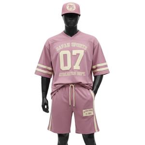 <b>Men</b> Football <b>Short</b> Set High Quality 220 GSM Polyester Interlock Smooth Feel <b>Pink</b> Cream Contrast Panel Logo for <b>men's</b> <b>short</b> set - Product Image 1