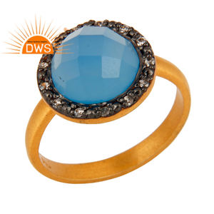 แหวนพลอยคาลซิโดนีธรรมชาติชุบทอง18K ชุบทอง18K คุณภาพดีที่สุดแหวนวางซ้อนกันได้อัญมณีสังเคราะห์สีฟ้า - Product Image 1