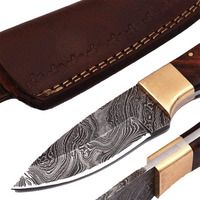 Couteau à dépecer Jexmoo de qualité industrielle, fait main, en acier Damas, 9 pouces, à bord incurvé, pointe tombante, avec manche en bois et clip en cuivre