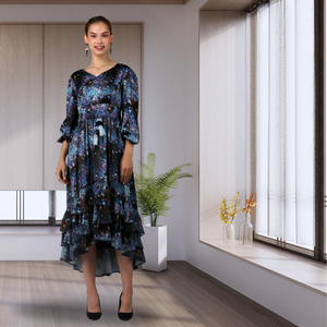 Robe florale haute basse pour femmes Chic à la mode col en V soirée robe de créateur manches bouffantes volants ourlet élégant tenue de fête - Product Image 4