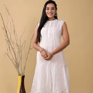 Latest Collection Ethnic Motifs Embroidered Band Collar Thread Work Detail Anarkali <b>White</b> Cotton A-Line Sleeveless Kurta Best - Product Image 1