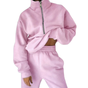 ชุดสูทกันเหงื่อของผู้หญิงสองชิ้นผ้าฟลีซแบบมีฮู้ดและกางเกงขาสั้นผ้าคอตตอนสีพื้น100% ฤดูหนาวออกแบบได้ตามต้องการ - Product Image 1
