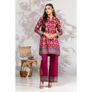 ชุดเซ็ตผ้าซาตินย้อมสีมารูนลายแจ็คการ์ดสำหรับผู้หญิง ตกแต่งด้วยกระดุม - Product Image 2