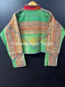 Bohemian Vintage Kantha Reversible <b>Quilted</b> Short Jacket Indian Handmade Cotton Autumn Winter Coat - Product Image 6