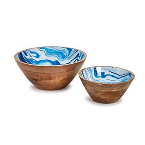 Bols de service en bois de manguier faits à la main, bols à salade ronds en bois naturel avec intérieur imprimé noir et blanc, vaisselle cadeau - Product Image 6