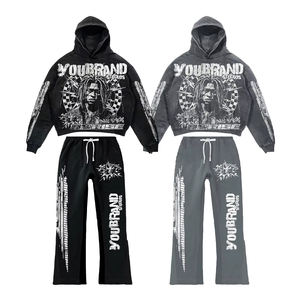 Conjunto de chándal holgado con estampado personalizado, conjunto de pantalones de chándal y sudadera con capucha y lavado ácido desgastado GSM, chándales personalizados, pantalón acampanado - Product Image 3