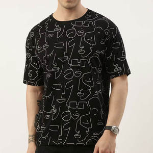 T-shirt à manches courtes et col rond pour hommes, noir, avec motif abstrait de visage imprimé, décontracté, surdimensionné, avec image graphique - Product Image 1