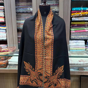 Pure Wool Black Kashmiri <b>Shawl</b> for <b>Ladies</b> Soft Handwoven Winter <b>Wrap</b> with Detailed Embroidery Design - Product Image 1