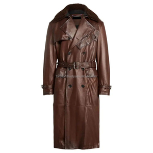 <b>Men's</b> Leather Trench Coat <b>Double</b> <b>Breasted</b> Long <b>Overcoat</b> with Belt Customizable Color Button Decoration Cowhide Breathable & Warm - Product Image 2