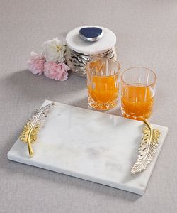 Bandeja de Servir Rectangular de Mármol de Lujo con Asas de Hoja de Oro y Plata Fundidas, Plato Decorativo de Piedra para Uso en el Hogar, Hotel o Regalo - Product Image 1