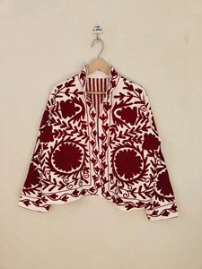 Veste à col mandarin brodée de fleurs, manches trois quarts, style bohème, vêtement d'extérieur en coton pour adultes, tenue de printemps - Product Image 1