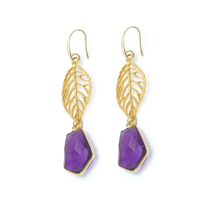 Dua ต่างหูห้อยอเมทิสต์ทองเหลืองชุบทอง18K ของผู้หญิงสำหรับงานแต่งงานแบบทำมือทันสมัย | ผู้ผลิต - Product Image 1