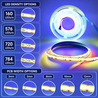 Tira de Luces LED RGB RGBIC RGBCW COB, 160-784 LEDs/m, Cinta Flexible, Control Inteligente DC 12V/24V para Iluminación Interior