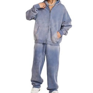 Custom Acid Wash Baggy Drawstring Tracksuits Pullover Hoodie Jogging Suit Distressed Sweatsuit <b>Sweatpants</b> <b>Sets</b> Plus Size Winter - Product Image 1