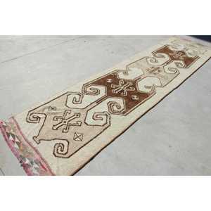 Turkish Vintage <b>Rug</b>, 3.1x12.2 ft <b>Runner</b> <b>Rug</b>, Brown Herki Plants & trees <b>Rug</b> - Product Image 3