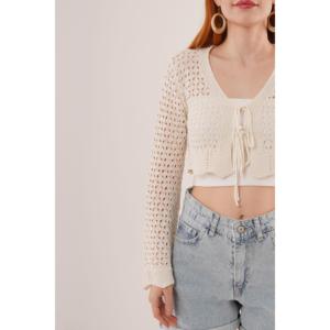 Lustrin Women's Cream Open Front Lace-Knit Crop <b>Cardigan</b> <b>Sweater</b> with Tie-Front Detail, Stylish Short Length Knitwear Top - Product Image 4