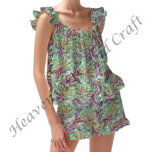 Shorts en coton assortis à fleurs Pyjamas Shorts Pyjama Set Block Printemps/Été Floral Fitted Strappy Ruffle Trim Sleeves PJ Set - Product Image 6