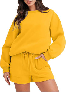 Sudadera con capucha de algodón de alta calidad para mujer, conjunto de pantalones cortos con cuello con capucha, chándal informal de dos piezas con logotipo personalizado, hombro caído - Product Image 5